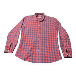 Thomas Pink Shirt Mens Large Red Blue Plaid Button Down Long Sleeve Casual